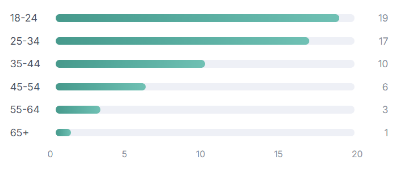 Visitors by age: 18-24 is 19, 25-34 is 17, 35-44 is 10, 45-54 is 6, 55-64 is 3, 65 and over is 1